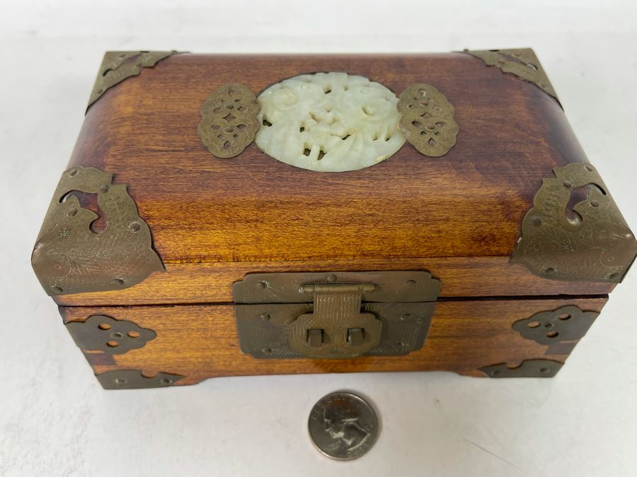 Vintage Chinese Wooden Jewelry Box With Carved Jade Top And Brass Accents From Shanghai 6.5W X 4D X 3H [Photo 4]