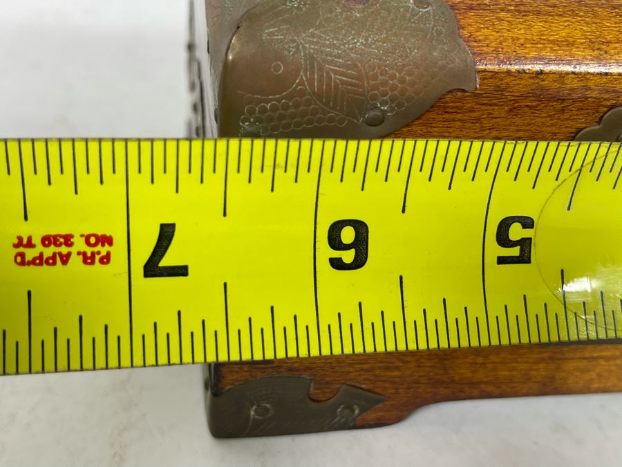 Vintage Chinese Wooden Jewelry Box With Carved Jade Top And Brass Accents From Shanghai 6.5W X 4D X 3H [Photo 14]