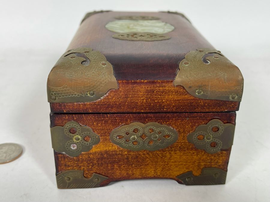 Vintage Chinese Wooden Jewelry Box With Carved Jade Top And Brass Accents From Shanghai 6.5W X 4D X 3H [Photo 9]