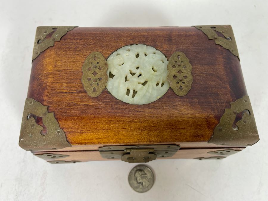 Vintage Chinese Wooden Jewelry Box With Carved Jade Top And Brass Accents From Shanghai 6.5W X 4D X 3H [Photo 7]