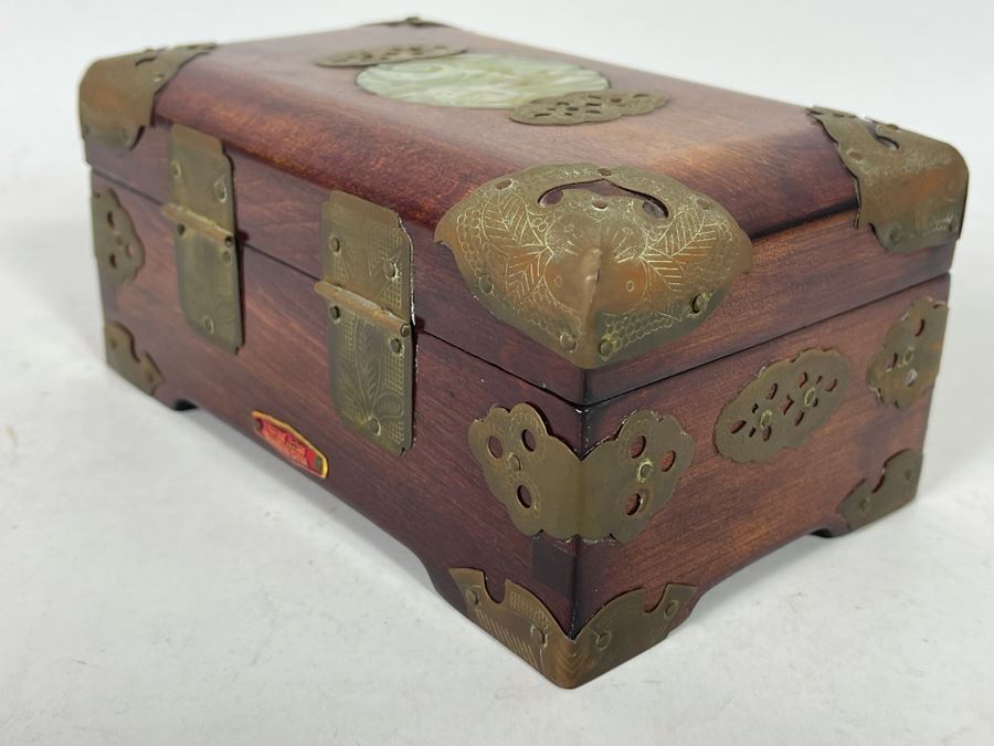 Vintage Chinese Wooden Jewelry Box With Carved Jade Top And Brass Accents From Shanghai 6.5W X 4D X 3H [Photo 12]