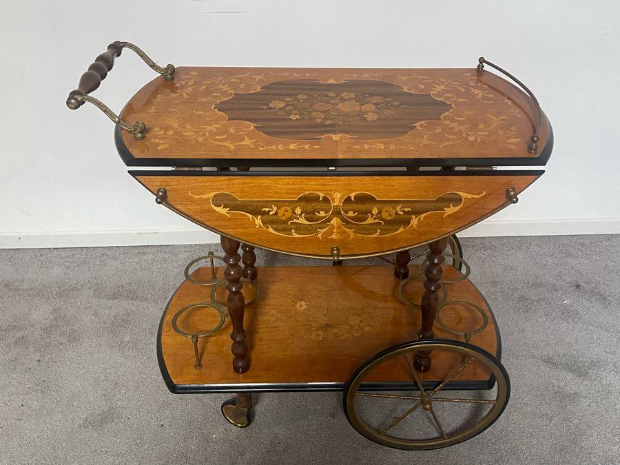 JUST ADDED - Italian Wooden Inlay Teacart Bar Cart 32W X 17D X 30H