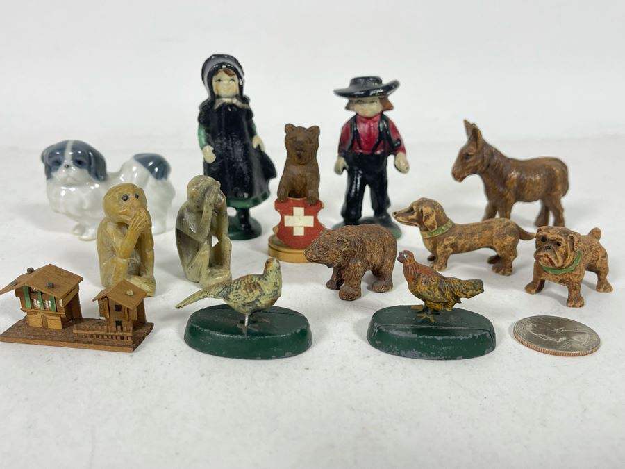 JUST ADDED - Collection Of Various Miniature Vintage Figurines: Metal, Carved Stone, Wood, Porcelain [Photo 2]