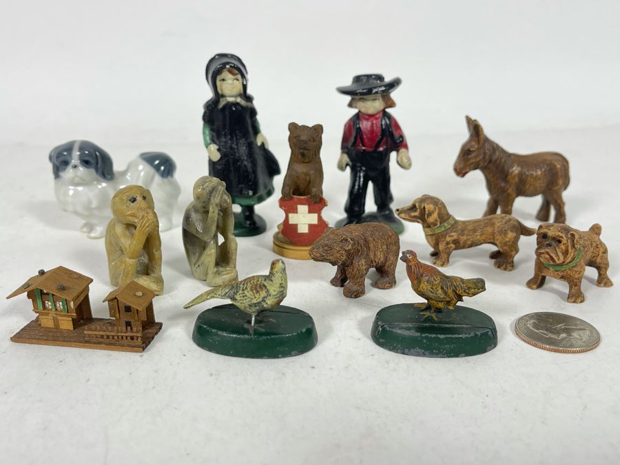 JUST ADDED - Collection Of Various Miniature Vintage Figurines: Metal, Carved Stone, Wood, Porcelain [Photo 1]