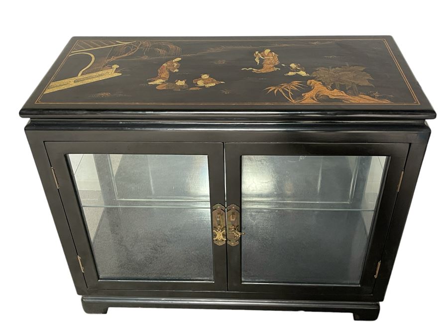 JUST ADDED - Chinese Black Display Cabinet With Overhead Lighting (See Photos For Ding On Side) 36W X 16D X 29H) [Photo 1]