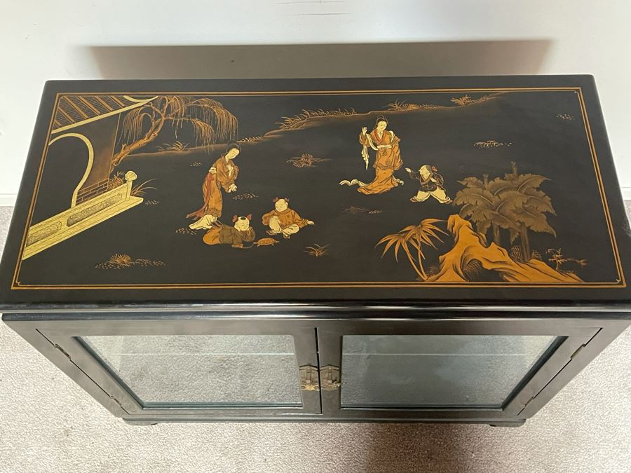 JUST ADDED - Chinese Black Display Cabinet With Overhead Lighting (See Photos For Ding On Side) 36W X 16D X 29H) [Photo 7]