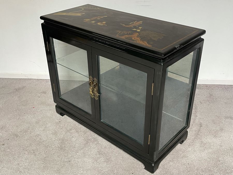 JUST ADDED - Chinese Black Display Cabinet With Overhead Lighting (See Photos For Ding On Side) 36W X 16D X 29H) [Photo 13]