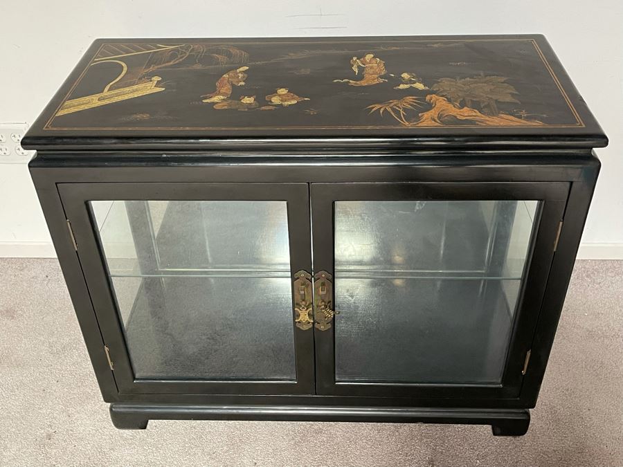 JUST ADDED - Chinese Black Display Cabinet With Overhead Lighting (See Photos For Ding On Side) 36W X 16D X 29H) [Photo 4]
