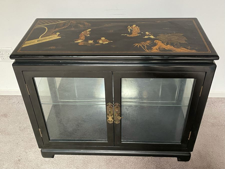 JUST ADDED - Chinese Black Display Cabinet With Overhead Lighting (See Photos For Ding On Side) 36W X 16D X 29H) [Photo 3]