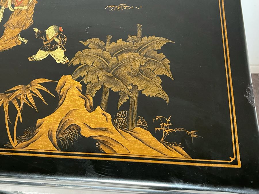 JUST ADDED - Chinese Black Display Cabinet With Overhead Lighting (See Photos For Ding On Side) 36W X 16D X 29H) [Photo 10]