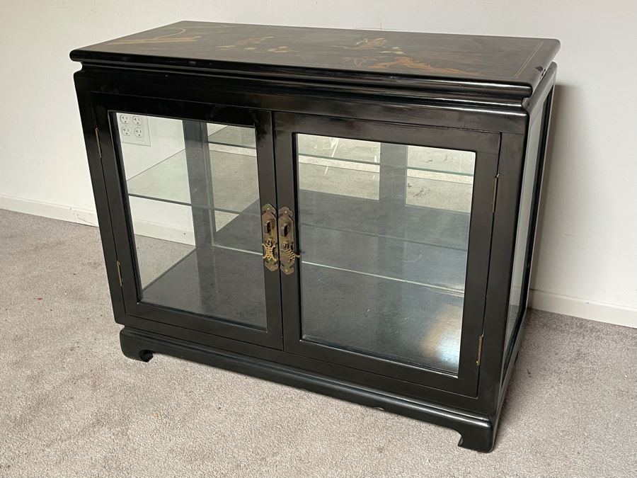 JUST ADDED - Chinese Black Display Cabinet With Overhead Lighting (See Photos For Ding On Side) 36W X 16D X 29H) [Photo 6]