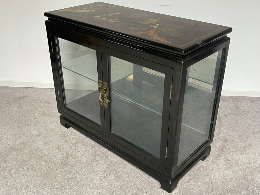 JUST ADDED - Chinese Black Display Cabinet With Overhead Lighting (See Photos For Ding On Side) 36W X 16D X 29H) [Photo 12]
