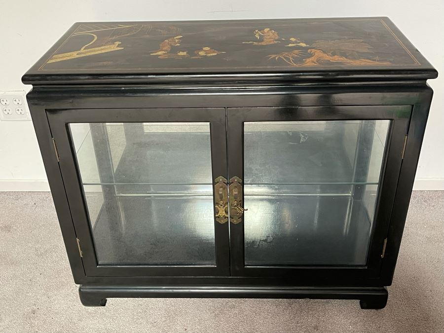 JUST ADDED - Chinese Black Display Cabinet With Overhead Lighting (See Photos For Ding On Side) 36W X 16D X 29H) [Photo 5]