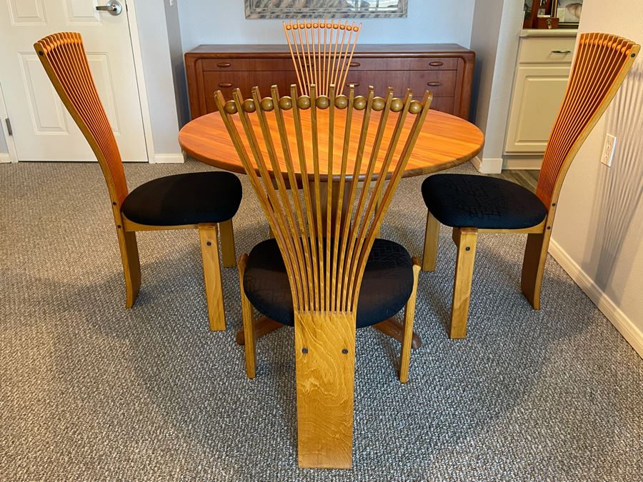 Set Of Four Norwegian TOTEM Dining Chairs By Torstein Nilsen For Westnofa Furniture And Teak Pedestal Dining Table By Sun Cabinet Co 41.5R X 28H