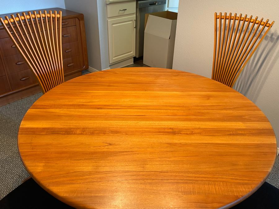 Set Of Four Norwegian TOTEM Dining Chairs By Torstein Nilsen For Westnofa Furniture And Teak Pedestal Dining Table By Sun Cabinet Co 41.5R X 28H [Photo 12]