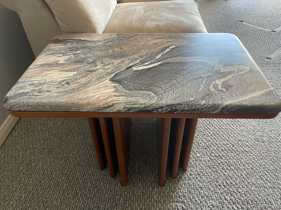 Stunning Marble Top Side Table With Teak Veneer Base