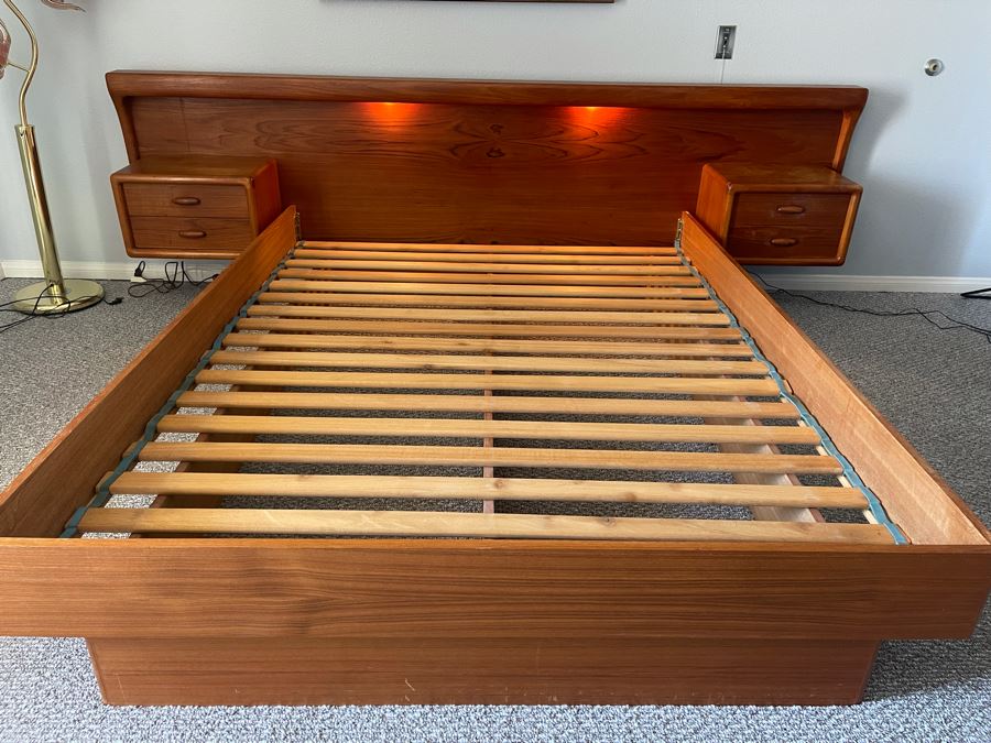 Veneered Teak Platform Bed With Floating Nightstands - See Photos For Cosmetic Damage [Photo 2]