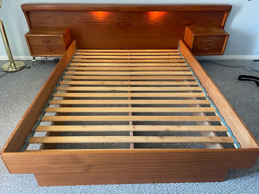 Veneered Teak Platform Bed With Floating Nightstands - See Photos For Cosmetic Damage [Photo 1]