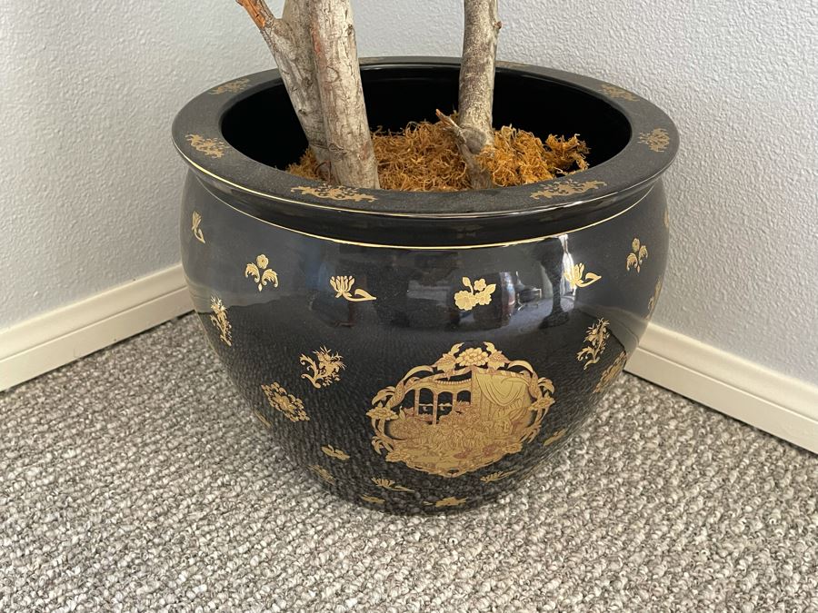 Chinese Black & Gold Porcelain 16' Planter With Artificial Tree [Photo 2]