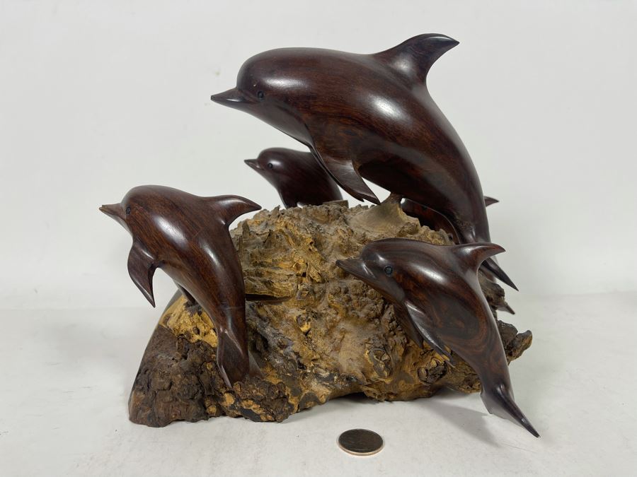 Impressive Carved Ironwood Dolphin Sculpture 12W X 10D X 9.5H [Photo 3]