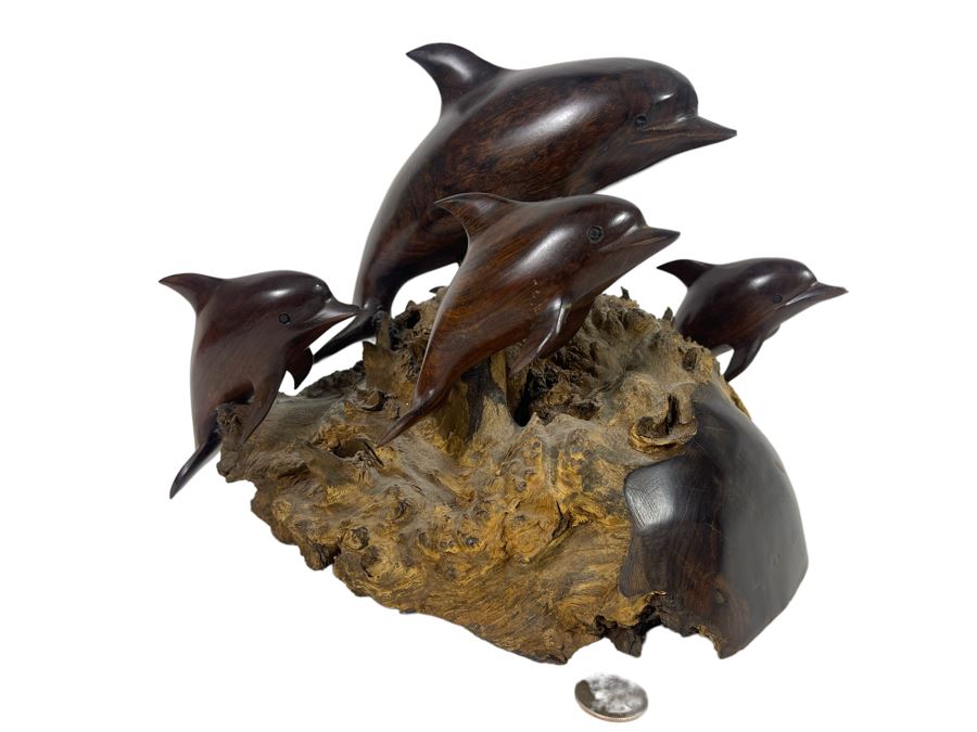Impressive Carved Ironwood Dolphin Sculpture 12W X 10D X 9.5H