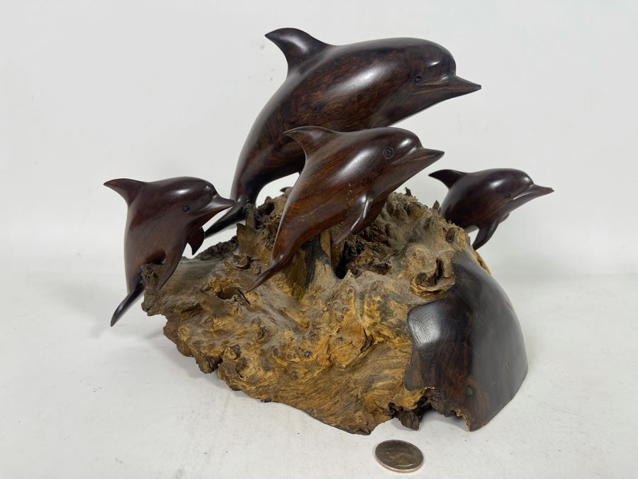 Impressive Carved Ironwood Dolphin Sculpture 12W X 10D X 9.5H [Photo 7]