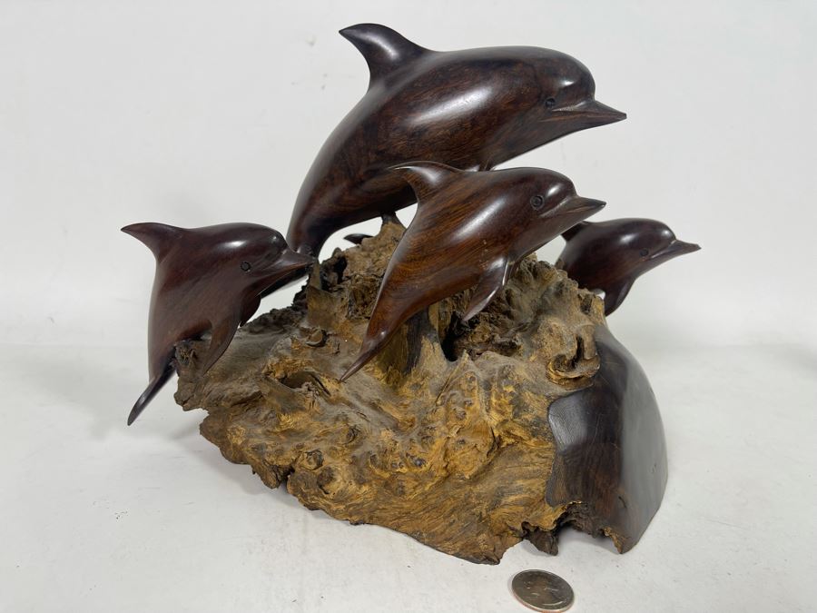 Impressive Carved Ironwood Dolphin Sculpture 12W X 10D X 9.5H [Photo 8]