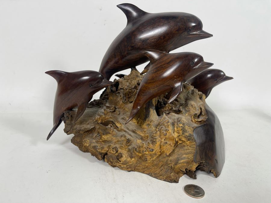 Impressive Carved Ironwood Dolphin Sculpture 12W X 10D X 9.5H [Photo 9]
