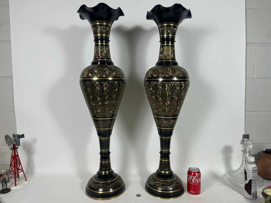 Pair Of Large Etched Brass Vases From India 35H [Photo 3]