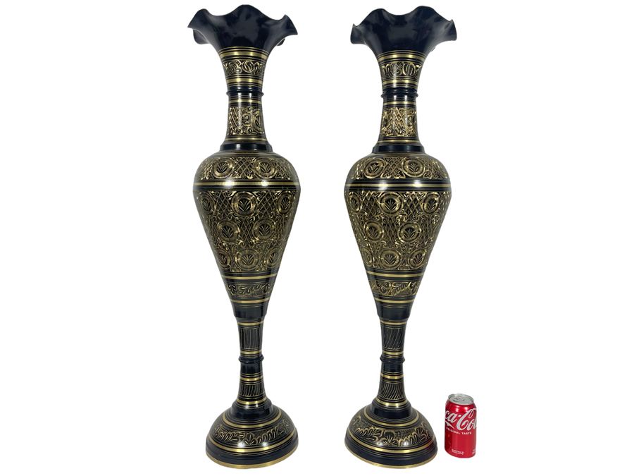 Pair Of Large Etched Brass Vases From India 35H [Photo 1]