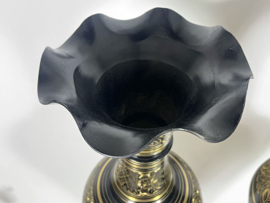 Pair Of Large Etched Brass Vases From India 35H [Photo 7]