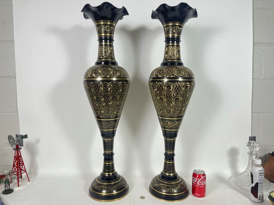 Pair Of Large Etched Brass Vases From India 35H [Photo 2]