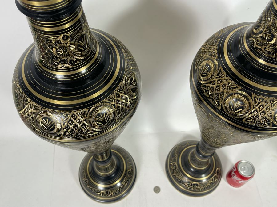 Pair Of Large Etched Brass Vases From India 35H [Photo 8]
