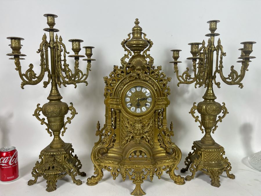 Ornate Brass Imperial Clock With Matching Brass Candelabras 24H - Clock Works But Stops - Will Need Servicing [Photo 4]