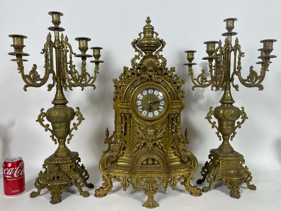 Ornate Brass Imperial Clock With Matching Brass Candelabras 24H - Clock Works But Stops - Will Need Servicing [Photo 7]