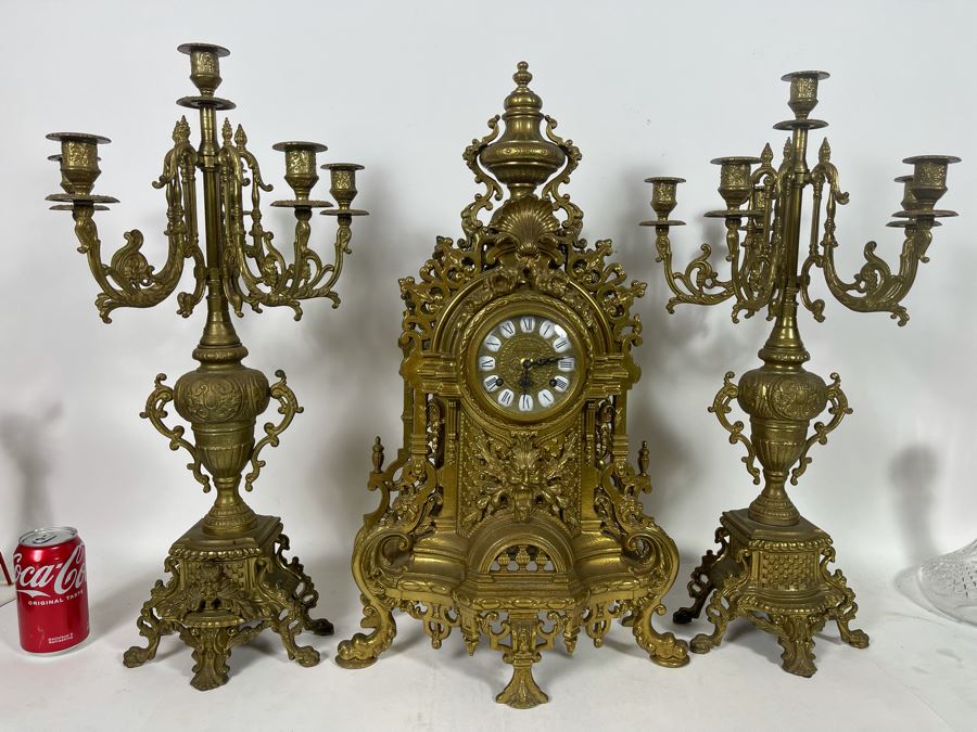 Ornate Brass Imperial Clock With Matching Brass Candelabras 24H - Clock Works But Stops - Will Need Servicing [Photo 3]