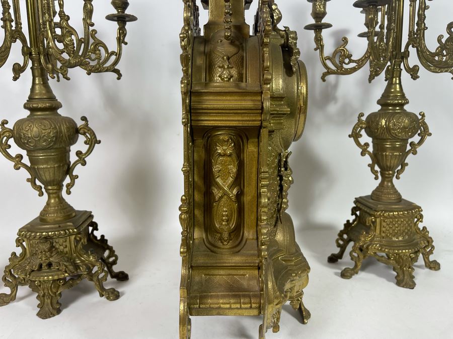 Ornate Brass Imperial Clock With Matching Brass Candelabras 24H - Clock Works But Stops - Will Need Servicing [Photo 15]