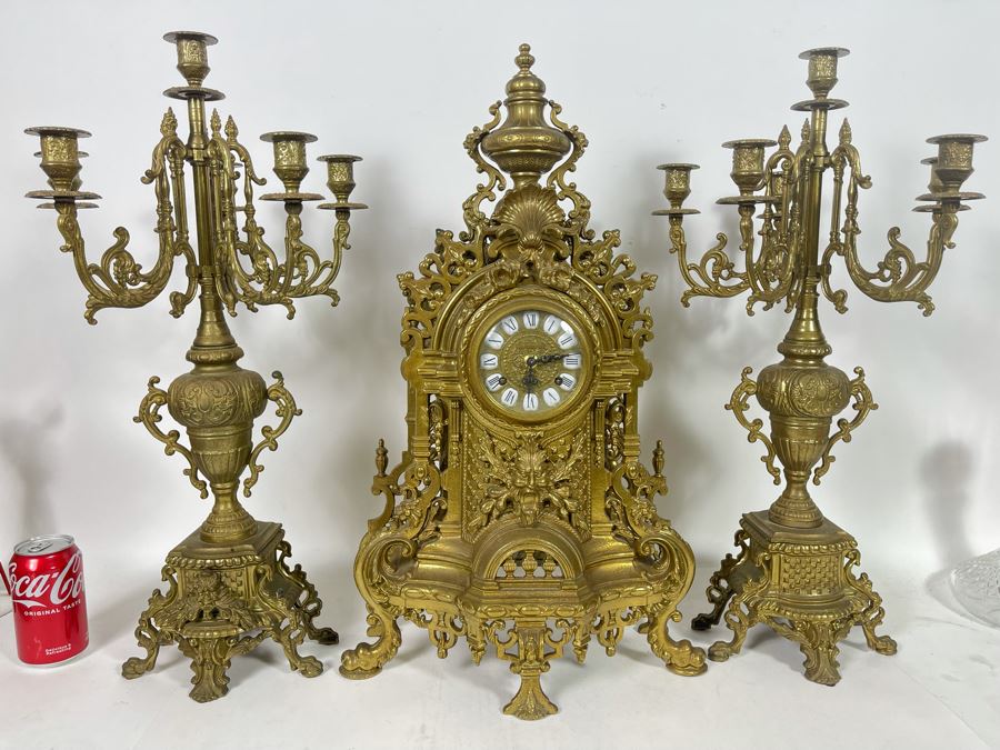Ornate Brass Imperial Clock With Matching Brass Candelabras 24H - Clock Works But Stops - Will Need Servicing [Photo 2]