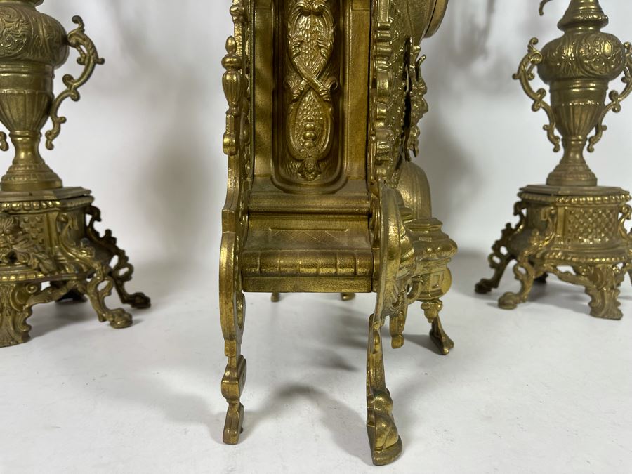 Ornate Brass Imperial Clock With Matching Brass Candelabras 24H - Clock Works But Stops - Will Need Servicing [Photo 16]