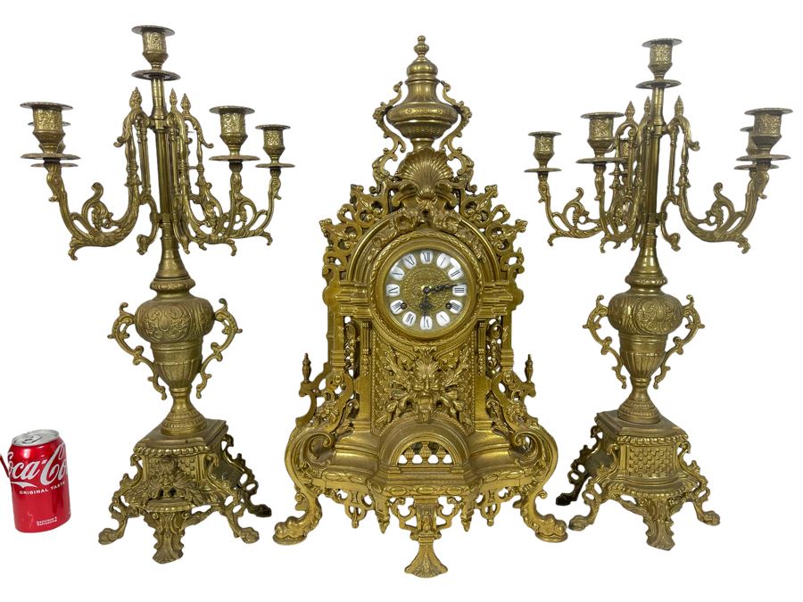 Ornate Brass Imperial Clock With Matching Brass Candelabras 24H - Clock Works But Stops - Will Need Servicing