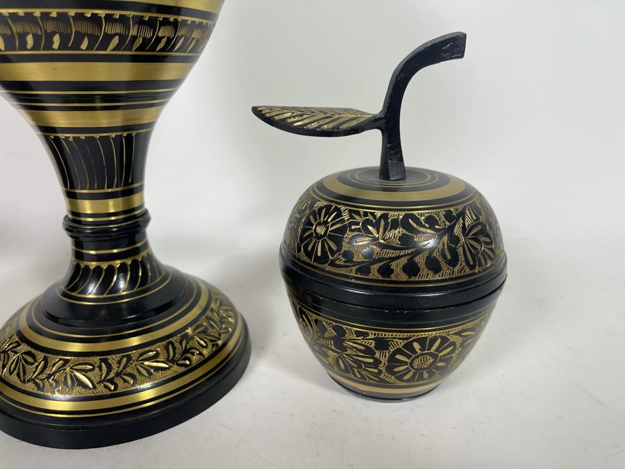 Etched Brass Vase 16H And Pair Of Etched Brass Apple Boxes From India [Photo 5]