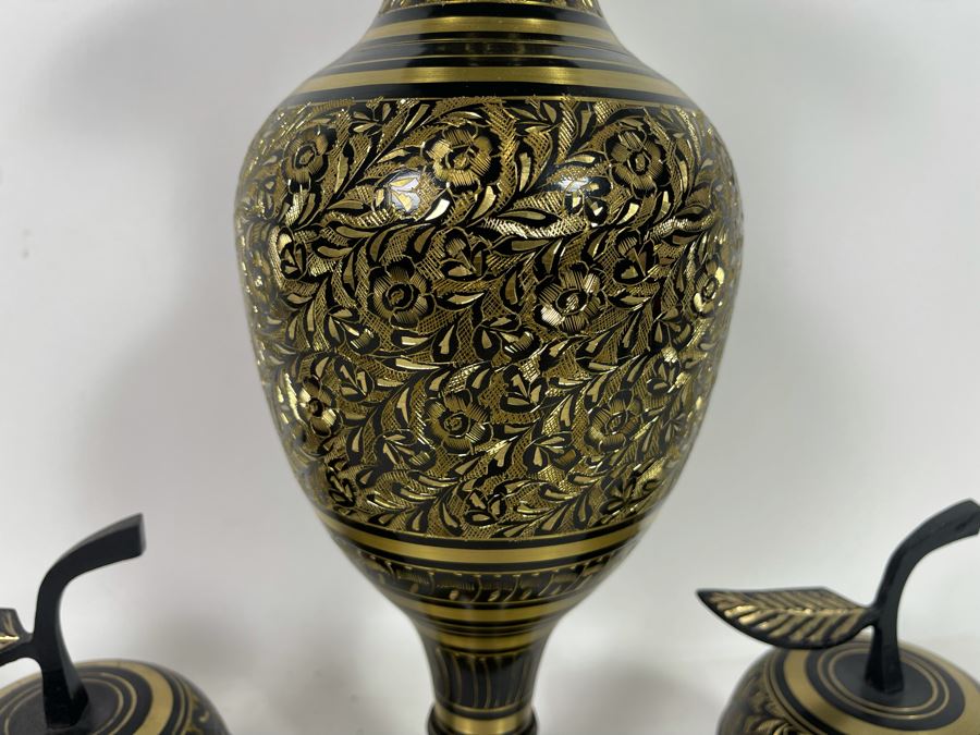 Etched Brass Vase 16H And Pair Of Etched Brass Apple Boxes From India [Photo 4]