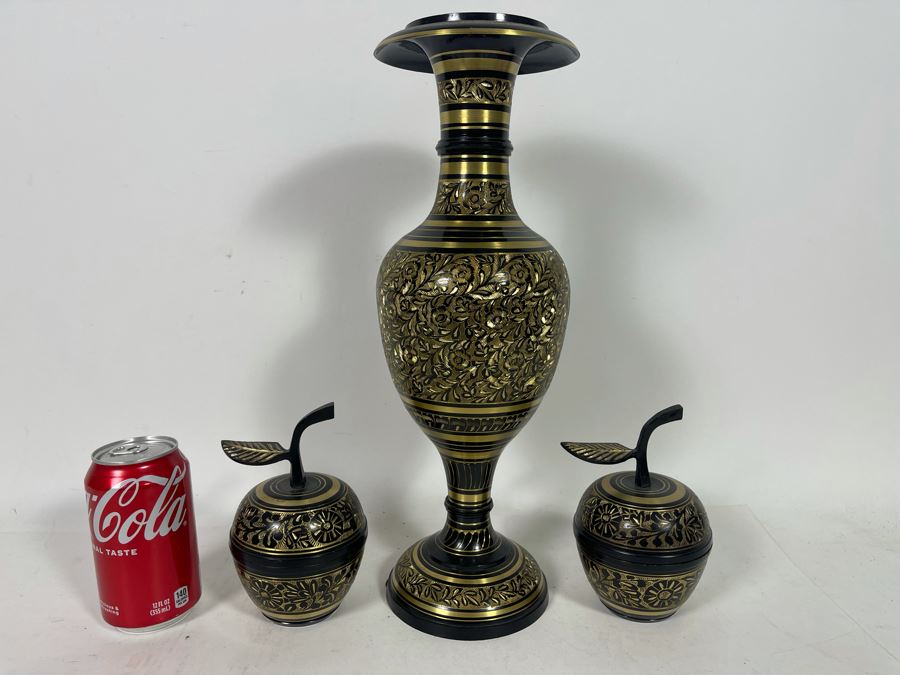 Etched Brass Vase 16H And Pair Of Etched Brass Apple Boxes From India [Photo 3]