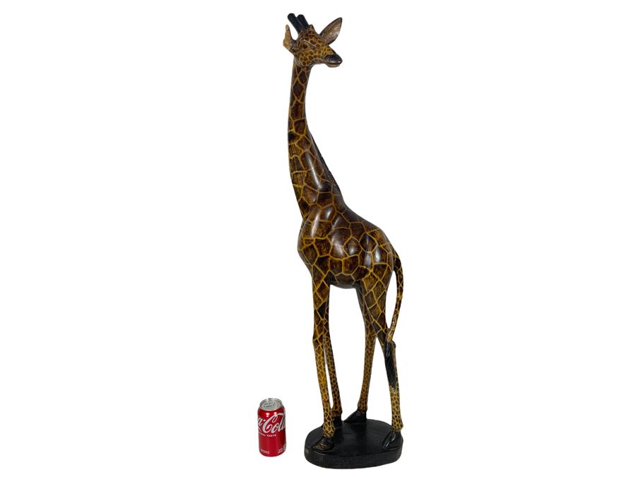 Large Hand Carved Wooden Giraffe Sculpture With Broken Ear 37H