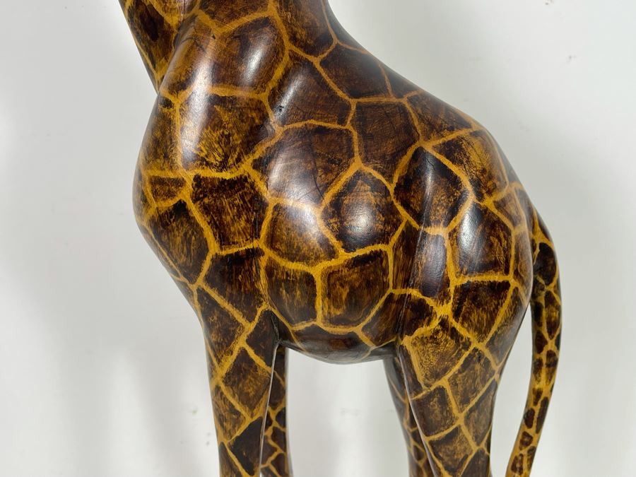 Large Hand Carved Wooden Giraffe Sculpture With Broken Ear 37H [Photo 4]