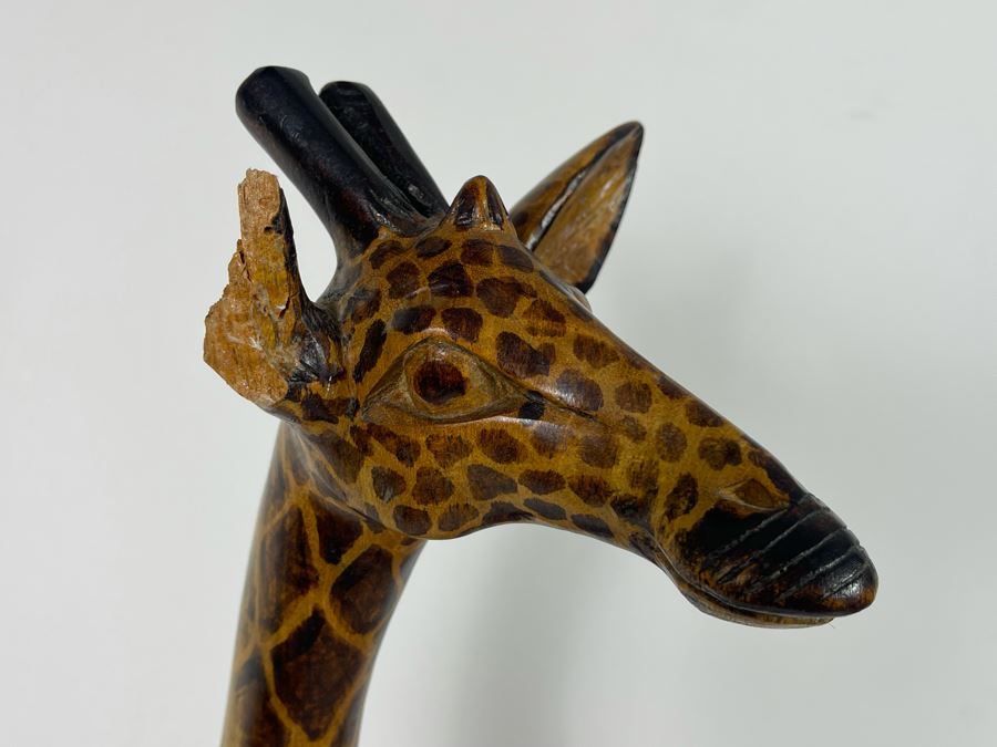 Large Hand Carved Wooden Giraffe Sculpture With Broken Ear 37H [Photo 3]