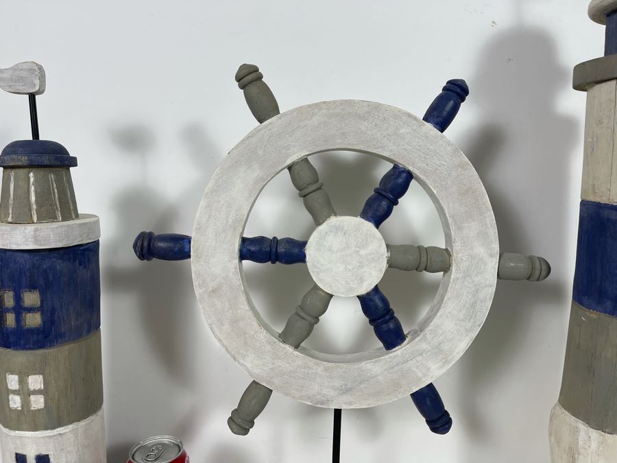 Wooden Nautical Home Decor Lot Featuring Two Lighthouses And Ship's Wheel [Photo 6]