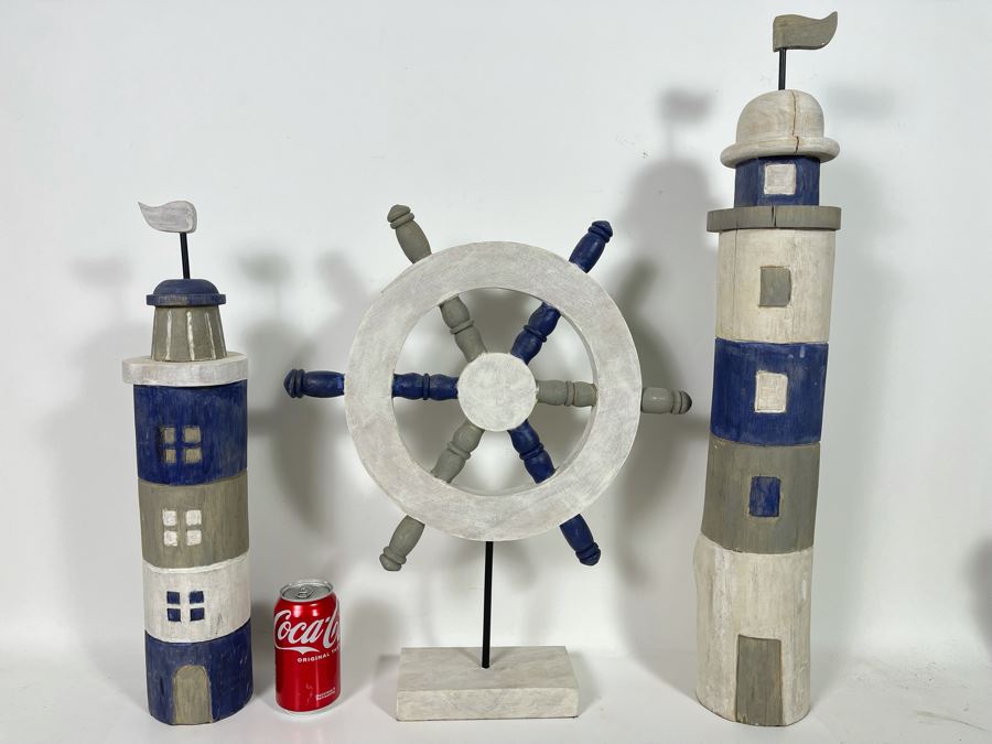 Wooden Nautical Home Decor Lot Featuring Two Lighthouses And Ship's Wheel [Photo 1]
