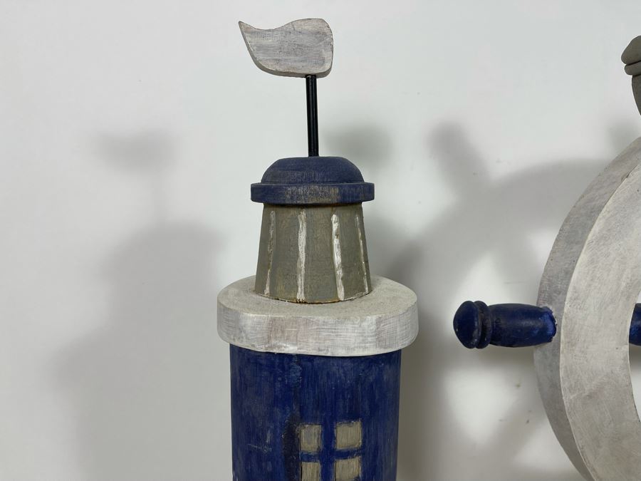Wooden Nautical Home Decor Lot Featuring Two Lighthouses And Ship's Wheel [Photo 7]