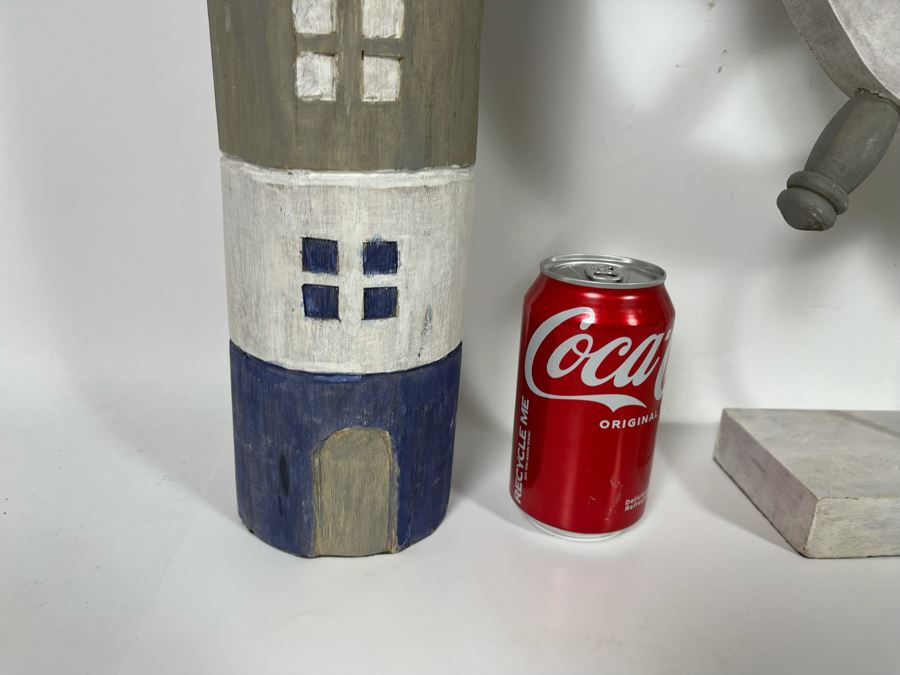 Wooden Nautical Home Decor Lot Featuring Two Lighthouses And Ship's Wheel [Photo 8]